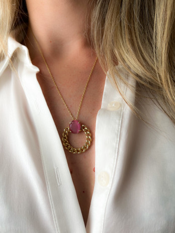 COLAR ARO BARBELA E CRISTAL ROSA PRATA DOURADA