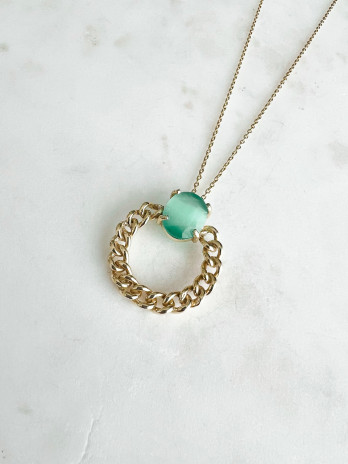 COLAR ARO BARBELA E CRISTAL VERDE PRATA DOURADA