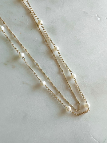 COLAR DUPLO COM PÉROLAS EM PRATA DOURADA