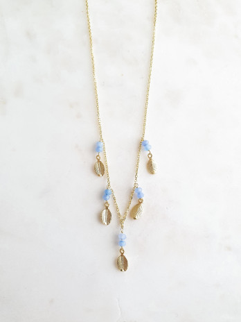COLAR FOLHAS E PEDRAS AZUIS PRATA DOURADA