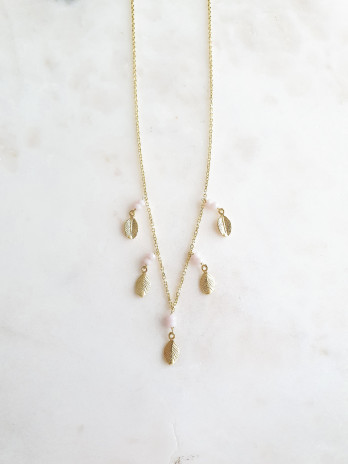 COLAR FOLHAS E PEDRAS ROSA PRATA DOURADA