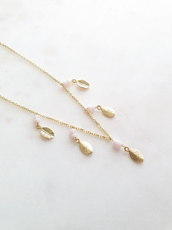 COLAR FOLHAS E PEDRAS ROSA PRATA DOURADA