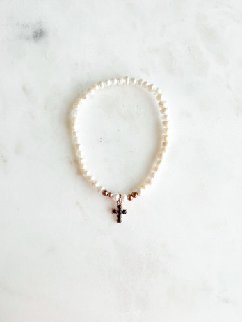 PULSEIRA PÉROLAS E CRUZ ROSE GOLD