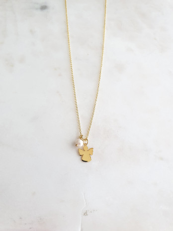 COLAR ANJO E PÉROLA PRATA DOURADA