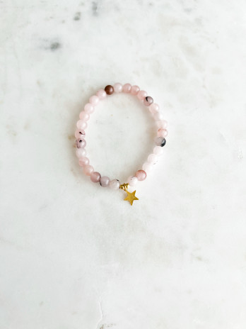 PULSEIRA PEDRAS ROSA CLARO ESTRELA PRATA DOURADA