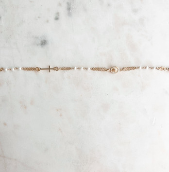 Pulseira Faith Santa e Cruz Pérolas Prata Dourada