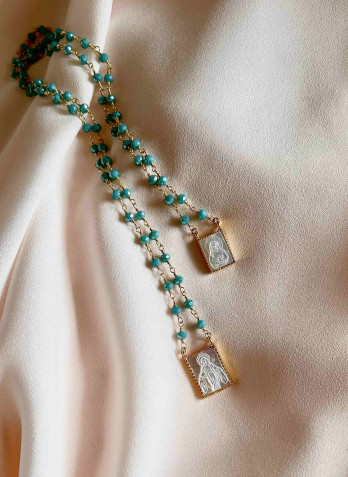 Escapulário Turquesas e Madrepérola Prata Dourada