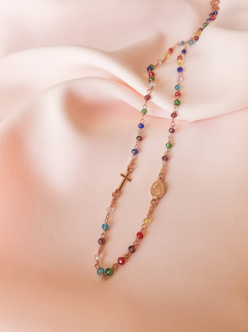 COLAR MEDALHA MILAGROSA E CRUZ CRISTAIS COLORIDOS