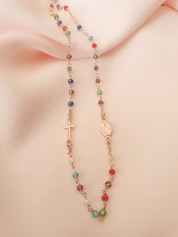 COLAR MEDALHA MILAGROSA E CRUZ CRISTAIS COLORIDOS