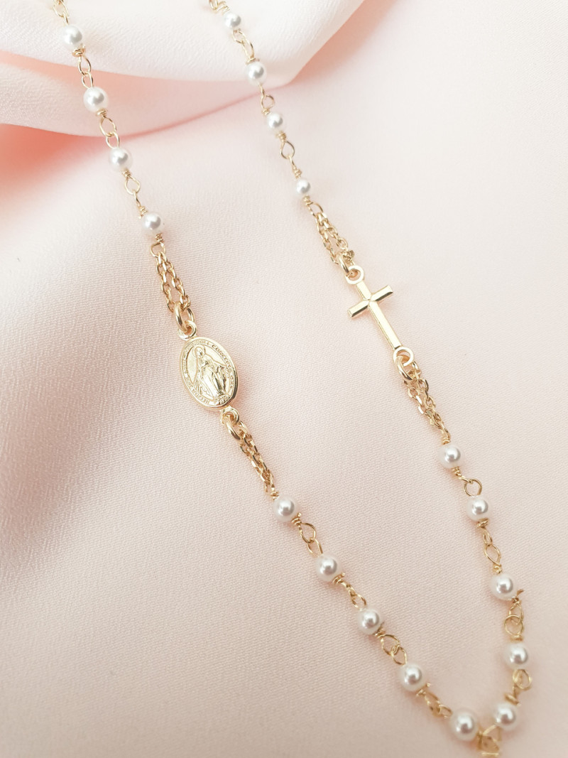COLAR MEDALHA MILAGROSA E CRUZ PÉROLAS
