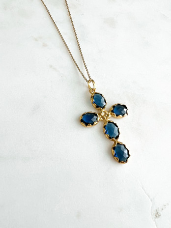 COLAR CRUZ AZUL PRATA DOURADA